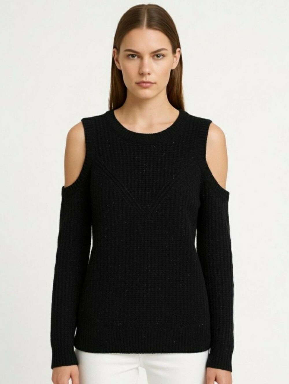 Black Cold Shoulder Round Neck Pullover Sweater